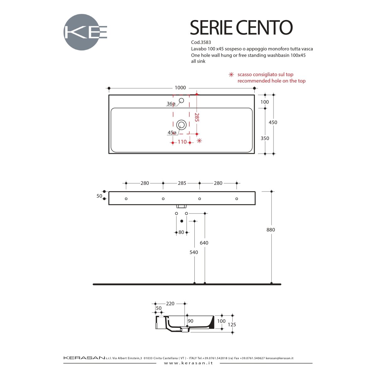 Kerasan Cento pakabinamas arba pastatomas 100×45 cm praustuvas 2