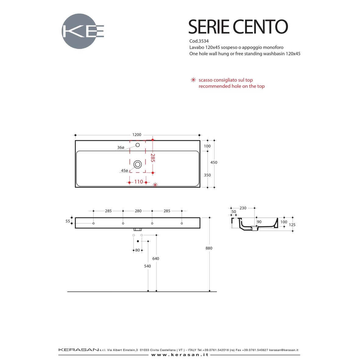 Kerasan Cento pakabinamas arba pastatomas 120×45 cm praustuvas 2