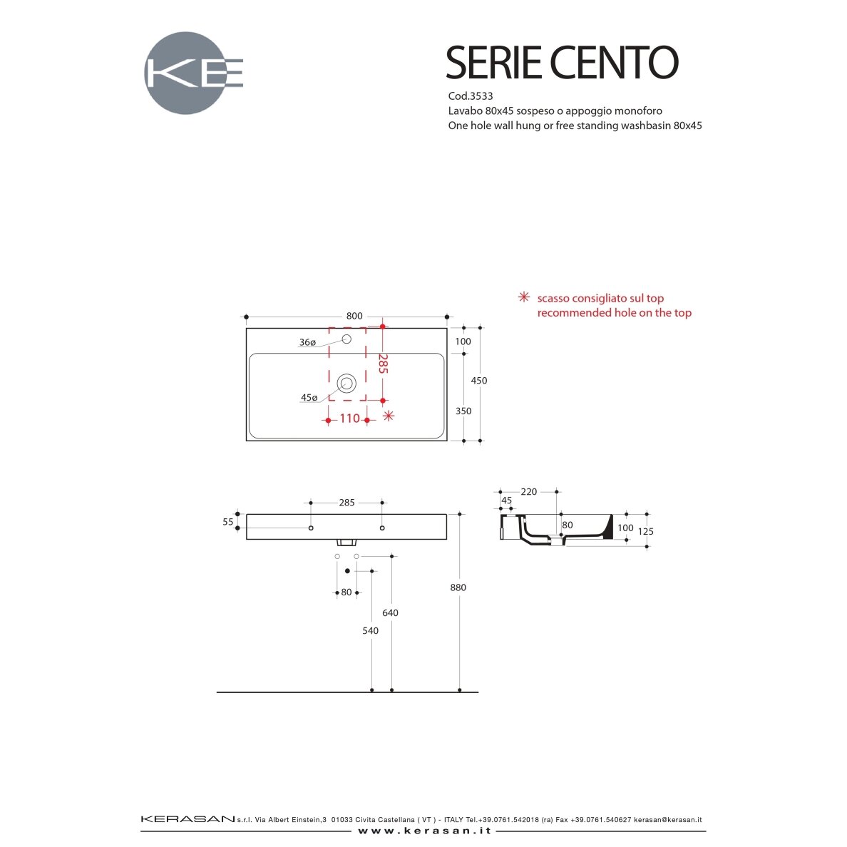 Kerasan Cento pakabinamas arba pastatomas 80×45 cm praustuvas 2