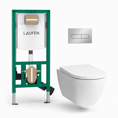 Komplektas Laufen Pro X Rimless su Laufen INEOLINK potinkiniu rėmu su bakeliu ir Laufen Ineo Horizon matinio chromo mygtuku Komplektas Laufen Pro X Rimless su Laufen INEOLINK potinkiniu rėmu su bakeliu ir Laufen Ineo Horizon matinio chromo mygtuku