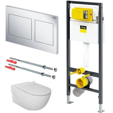 Komplektas su Viega Prevista rėmu, Style21 chromuotu mygtuku bei WC Meridian Rimless soft-close plonu dangčiu