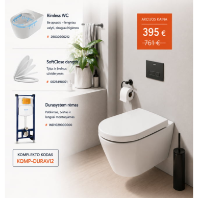Komplektas: Duravit D-Code pakabinamas rimless unitazas su lėtai užsidarančiu dangčiu ir DuraSystem rėmu Komplektas: Duravit D-Code pakabinamas rimless unitazas su lėtai užsidarančiu dangčiu ir DuraSystem rėmu