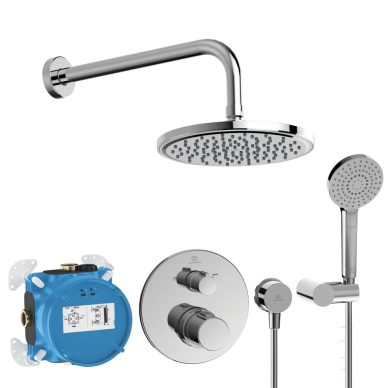 Komplektas dušo potinkinis Ideal Standard Ceratherm 100: apvali 200mm lietaus galva, 110mm 3 srovių rankinis dušas, chromas Komplektas dušo potinkinis Ideal Standard Ceratherm 100: apvali 200mm lietaus galva, 110mm 3 srovių rankinis dušas, chromas