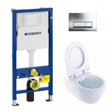 Komplektas: potinkinis WC rėmas Geberit Duofix + pakabinamas klozetas Geberit iCon Rimless su SC dangčiu + vandens nuleidimo mygtukas