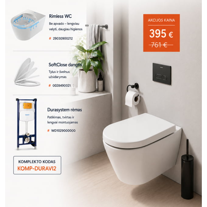 Komplektas: Duravit D-Code pakabinamas rimless unitazas su lėtai užsidarančiu dangčiu ir DuraSystem rėmu Komplektas: Duravit D-Code pakabinamas rimless unitazas su lėtai užsidarančiu dangčiu ir DuraSystem rėmu