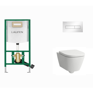 Laufen WC rėmas INEO su baltu klavišu HORIZON ir Laufen MEDA pakabinamas unitazas + dangtis Laufen WC rėmas INEO su baltu klavišu HORIZON ir Laufen MEDA pakabinamas unitazas + dangtis