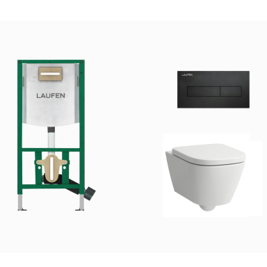 Laufen WC rėmas INEO su juodu klavišu HORIZON ir Laufen MEDA pakabinamas unitazas + dangtis Laufen WC rėmas INEO su juodu klavišu HORIZON ir Laufen MEDA pakabinamas unitazas + dangtis