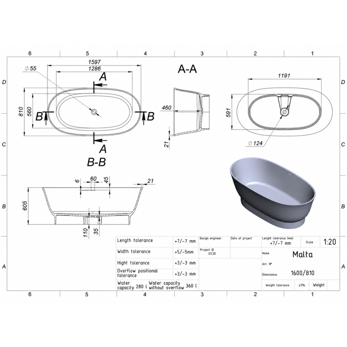 Lieto akmens vonia Bathesa Malta 1600x810x605 mm. 7