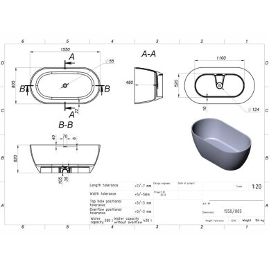 Balta matinė Solid Surface vonia Bathesa Linda 1550x805 mm. 6 Balta matinė Solid Surface vonia Bathesa Linda 1550x805 mm. 6