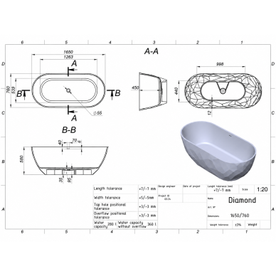 Lieto akmens vonia Bathesa Diamond 1650x760x580 mm. 7