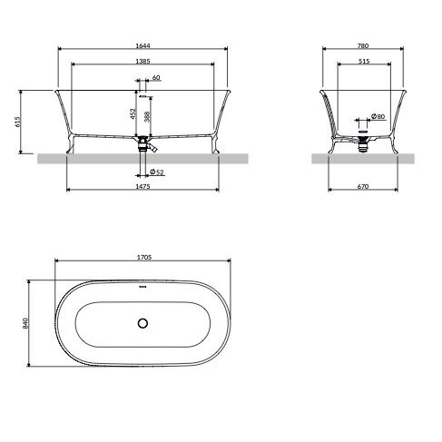 Baltos matinės spalvos lieto akmens Omnires Marble+ Classica vonia 170 x 84 cm 3 Baltos matinės spalvos lieto akmens Omnires Marble+ Classica vonia 170 x 84 cm 3