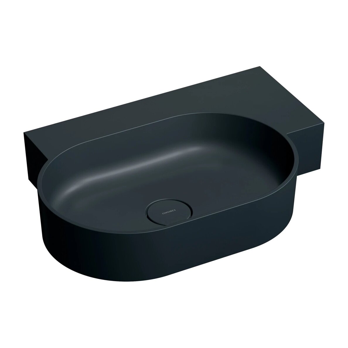 Matt black lava spalvos pakabinamas/pastatomas ant stalviršio praustuvas Omnires OVO M+ 64 x 44 cm (dešinė)