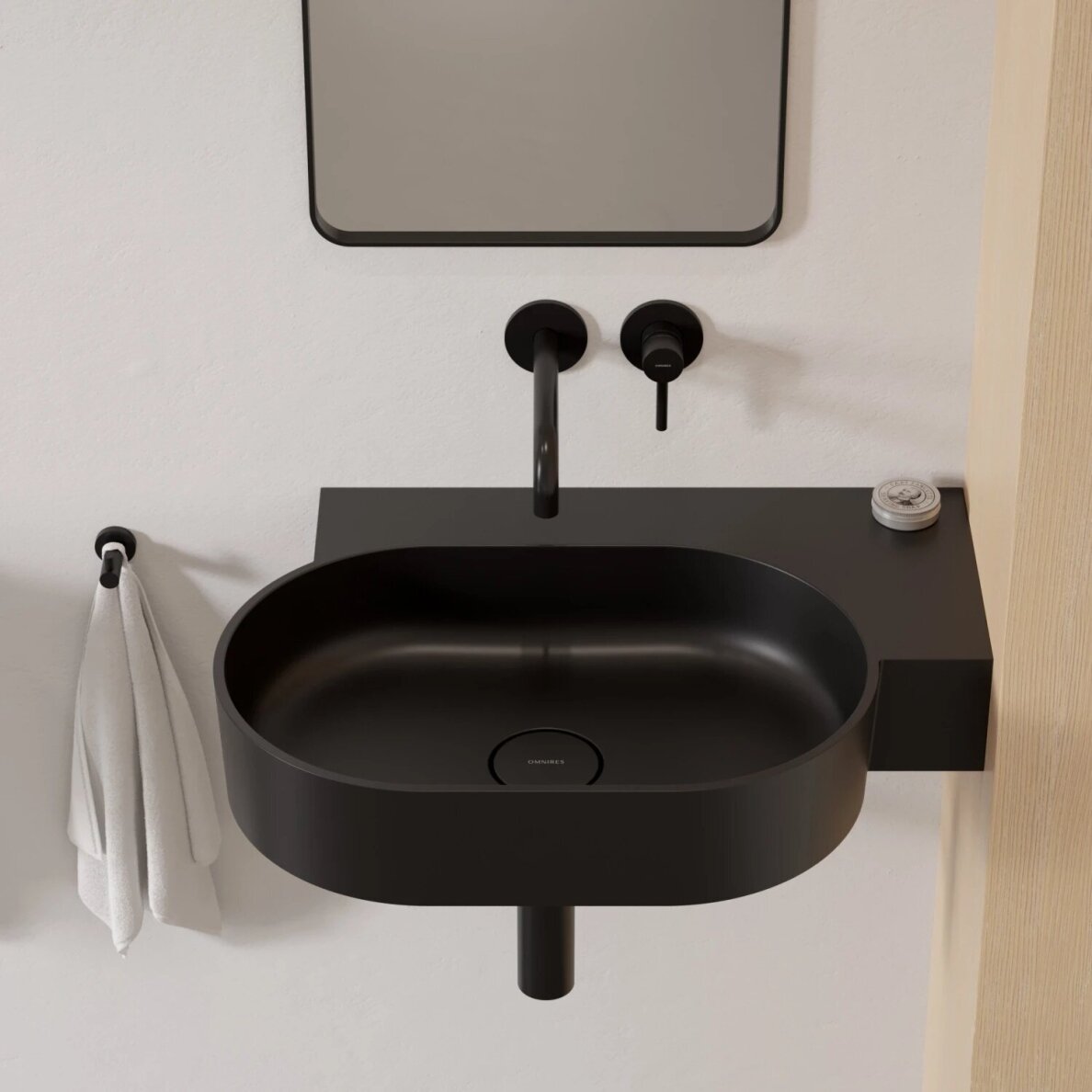 Matt black lava spalvos pakabinamas/pastatomas ant stalviršio praustuvas Omnires OVO M+ 64 x 44 cm (dešinė) 3 Matt black lava spalvos pakabinamas/pastatomas ant stalviršio praustuvas Omnires OVO M+ 64 x 44 cm (dešinė) 3