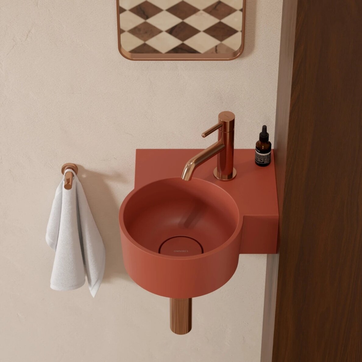 Matt terracotta spalvos pakabinamas/pastatomas ant stalviršio praustuvas Omnires OVO M+ 33 x 34 cm (dešinė) 4 Matt terracotta spalvos pakabinamas/pastatomas ant stalviršio praustuvas Omnires OVO M+ 33 x 34 cm (dešinė) 4