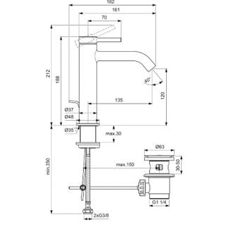 Maišytuvas praustuvui Ideal Standard Ceraline Nuovo, su dugno vožtuvu, H120, spalva - chromas 1 Maišytuvas praustuvui Ideal Standard Ceraline Nuovo, su dugno vožtuvu, H120, spalva - chromas 1