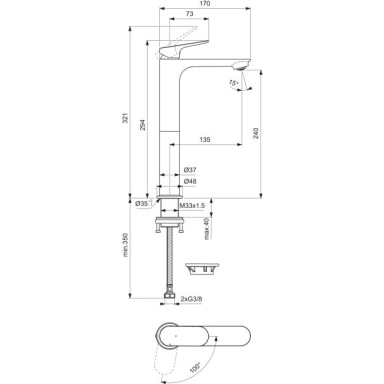 Maišytuvas praustuvui Ideal Standard CeraLife O, H240, be dugno vožtuvo, BlueStart, juodas matinis Maišytuvas praustuvui Ideal Standard CeraLife O, H240, be dugno vožtuvo, BlueStart, juodas matinis