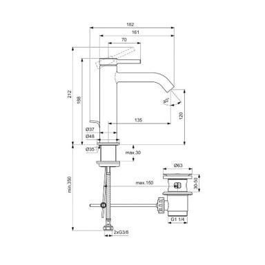 Maišytuvas praustuvui Ideal Standard Ceraline Nuovo, su dugno vožtuvu, H120, spalva - chromas Maišytuvas praustuvui Ideal Standard Ceraline Nuovo, su dugno vožtuvu, H120, spalva - chromas