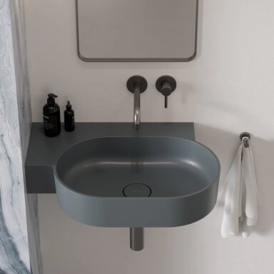 Matt ash grey spalvos pakabinamas/pastatomas ant stalviršio praustuvas Omnires OVO M+ 64 x 44 cm (kairė) Matt ash grey spalvos pakabinamas/pastatomas ant stalviršio praustuvas Omnires OVO M+ 64 x 44 cm (kairė)