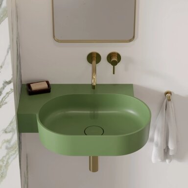 Matt olive spalvos pakabinamas/pastatomas ant stalviršio praustuvas Omnires OVO M+ 64 x 44 cm (kairė) Matt olive spalvos pakabinamas/pastatomas ant stalviršio praustuvas Omnires OVO M+ 64 x 44 cm (kairė)