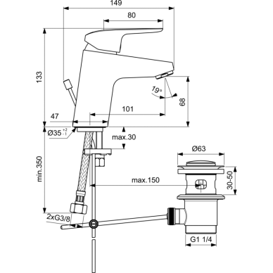 Maišytuvas praustuvui Ideal Standard Ceraflex, su dugno vožtuvu, su srautą ribojančiu aeratorium 5l/min 1 Maišytuvas praustuvui Ideal Standard Ceraflex, su dugno vožtuvu, su srautą ribojančiu aeratorium 5l/min 1