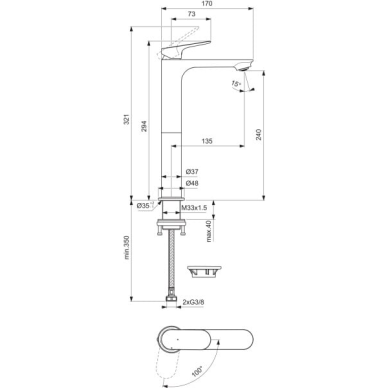 Maišytuvas praustuvui Ideal Standard CeraLife O, H240, be dugno vožtuvo, BlueStart 1 Maišytuvas praustuvui Ideal Standard CeraLife O, H240, be dugno vožtuvo, BlueStart 1