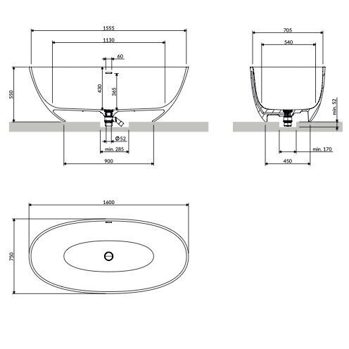 Pilkai matinė laisvai pastatoma lieto akmens vonia Omnires SHELL M+ su persipylimu SHELLWWZPAG 160 x 75 cm 5