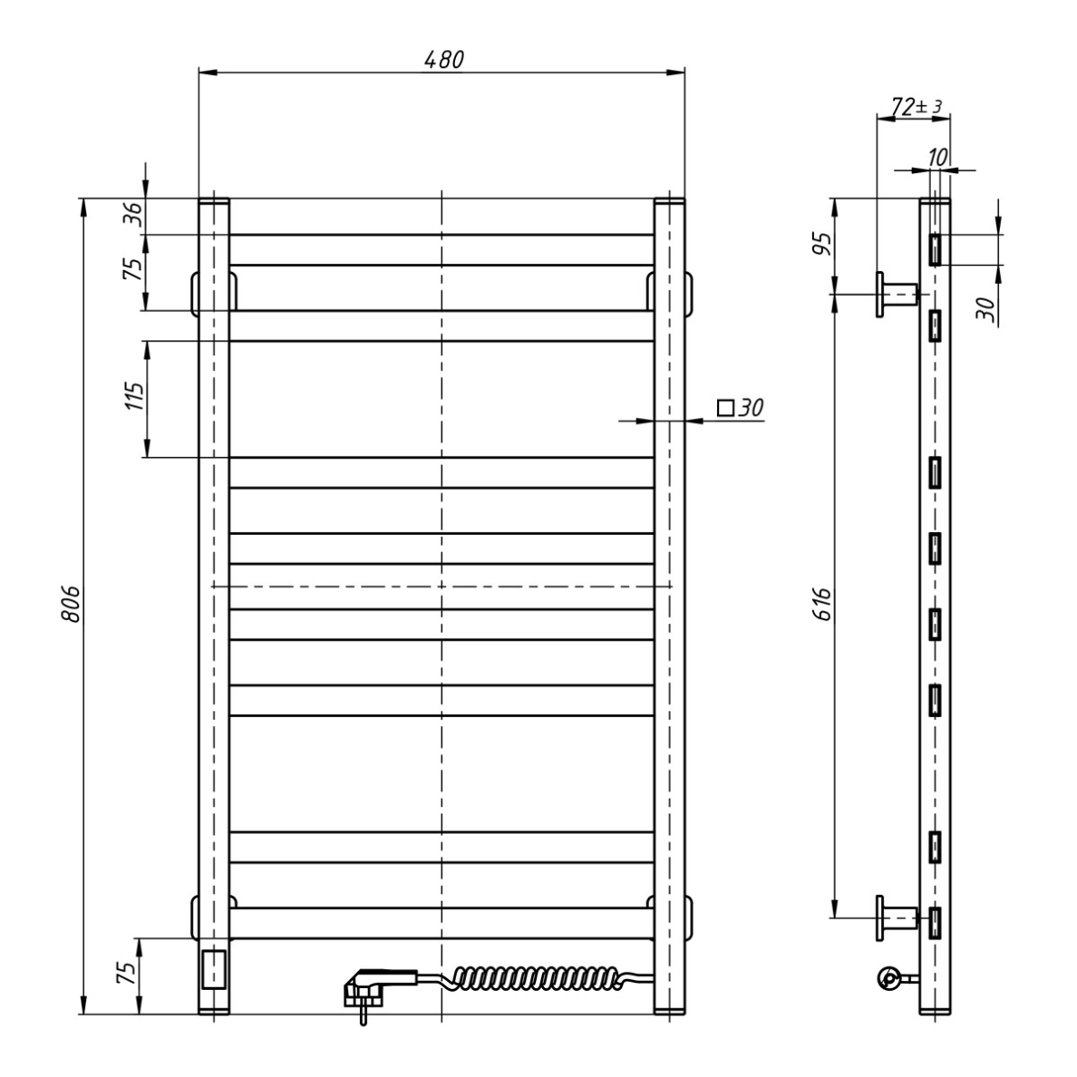 Nerūdijančio plieno Elektrinis rankšluosčių džiovintuvas Navin Avangard 480x800 Sensor, laidas dešinėje, satin spalva 3