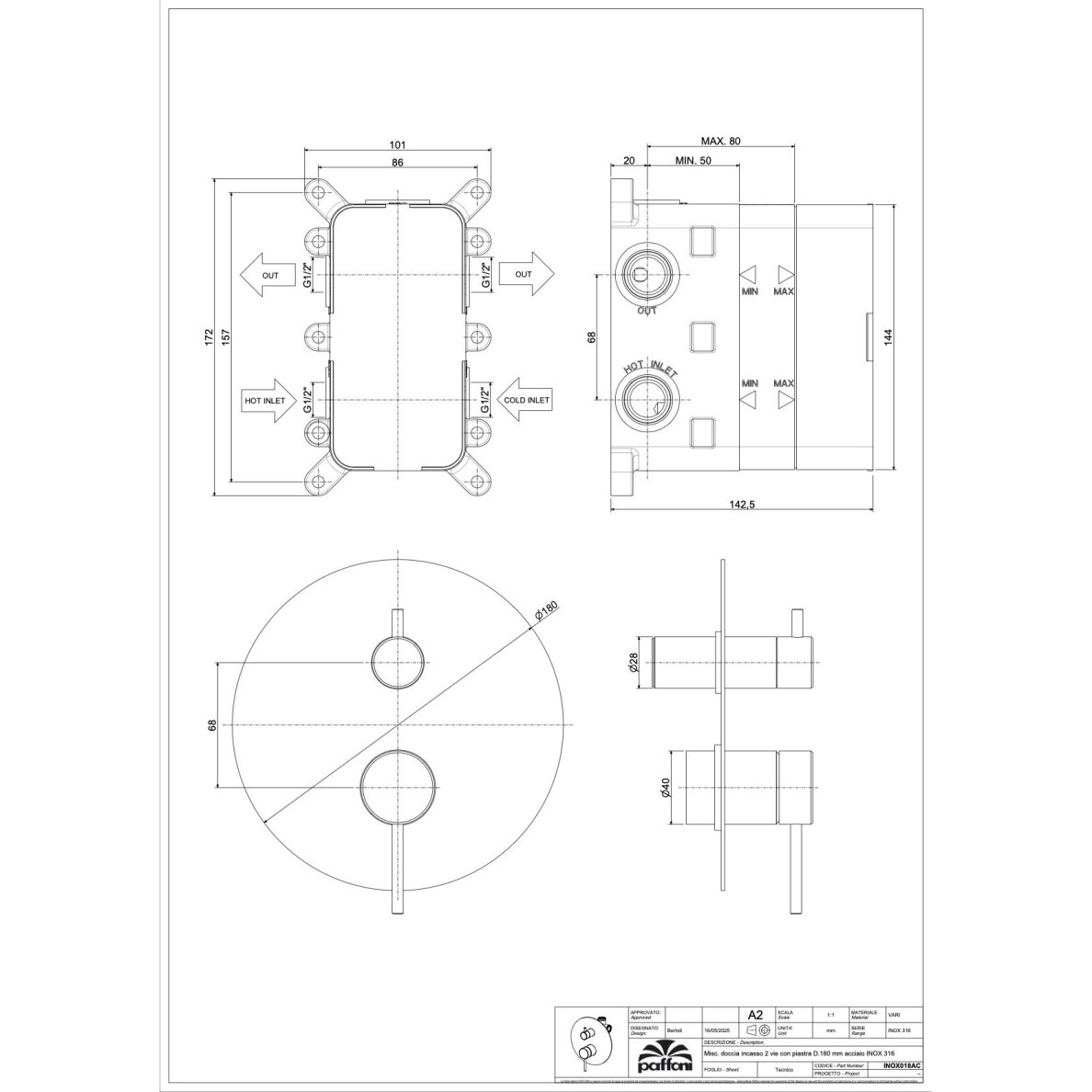 Nerūdijančio plieno potinkinė termostatinė dušo sistema Paffoni Inox 1