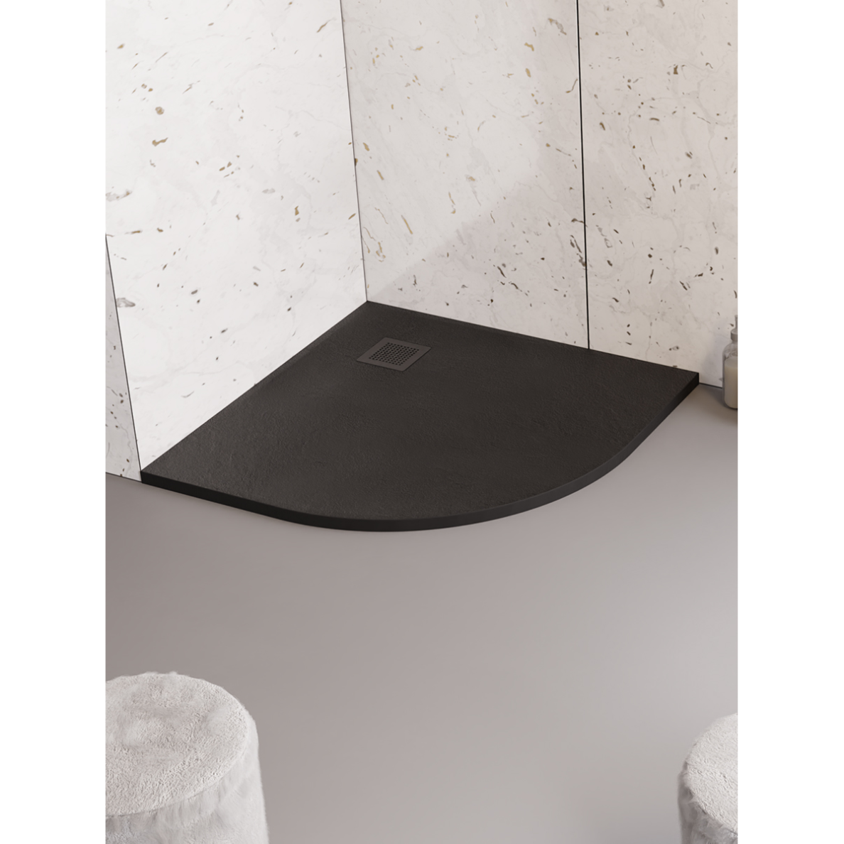 New Trendy Mori akmens masės dušo padėklas su natūralaus akmens struktūra, juodas, pusapvalis, 90x90x3cm