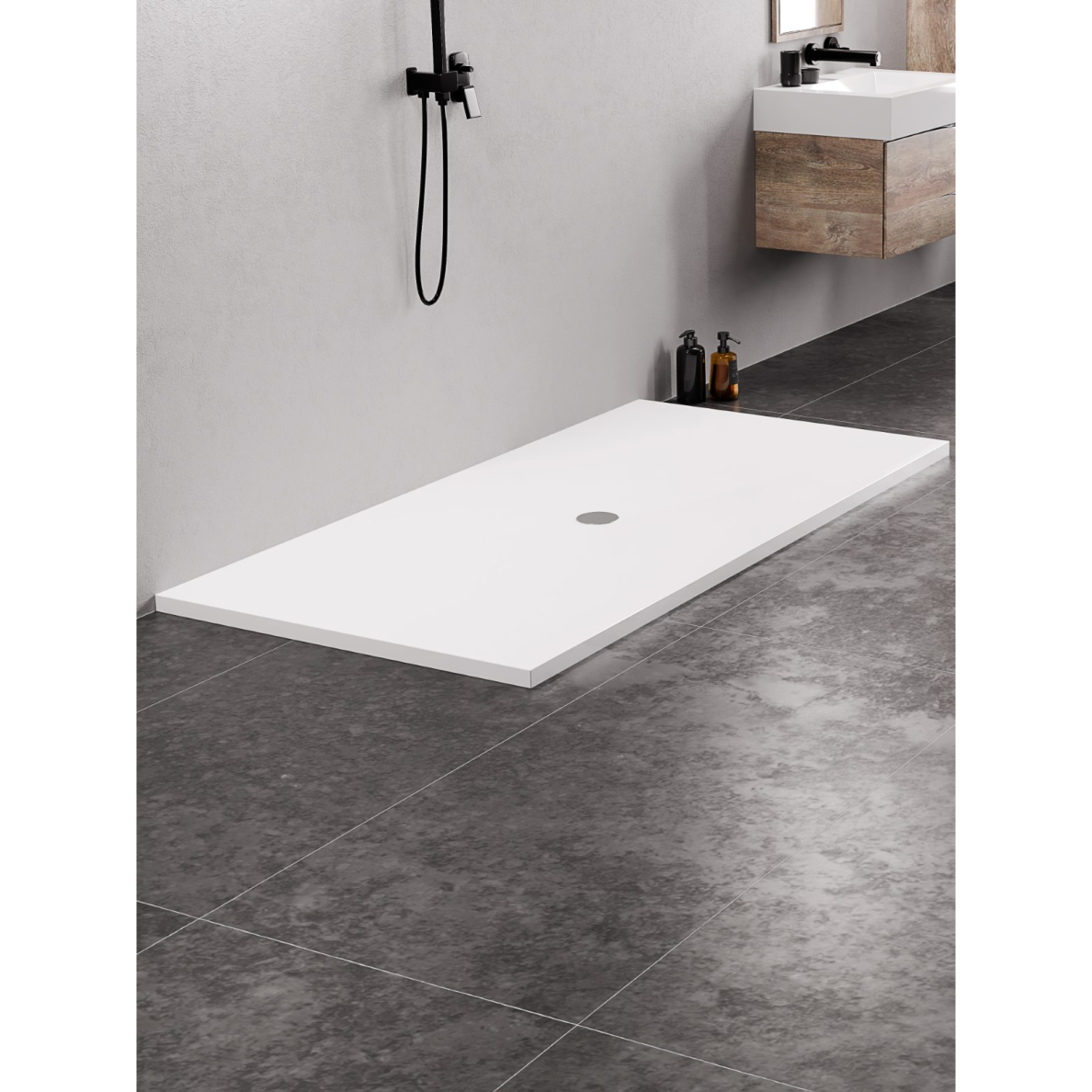 New Trendy Nex akmens masės dušo padėklas, stačiakampio formos, baltos spalvos, aukštis 3,5 cm