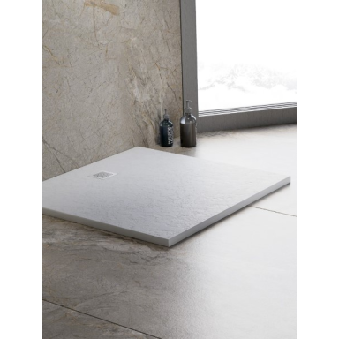 New Trendy Mori akmens masės dušo padėklas su natūralaus akmens struktūra, baltas, kvadratinis, 90x90x3cm