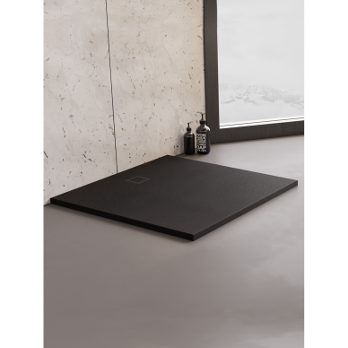 New Trendy Mori akmens masės dušo padėklas su natūralaus akmens struktūra, juodas, kvadratinis, 90x90x3cm