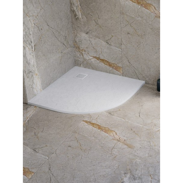 New Trendy Mori akmens masės dušo padėklas su natūralaus akmens struktūra, baltos spalvos, 90x90x3cm