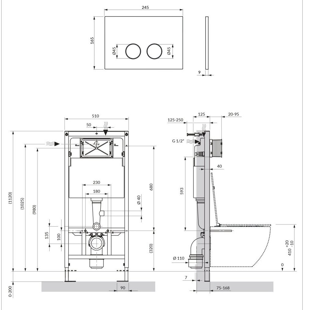 Omnires STRONGFRAME potinkinis rėmas su ECO nuleidimo sistema ir plieniniu mygtuku R45, šlifuota senovinė bronza 2