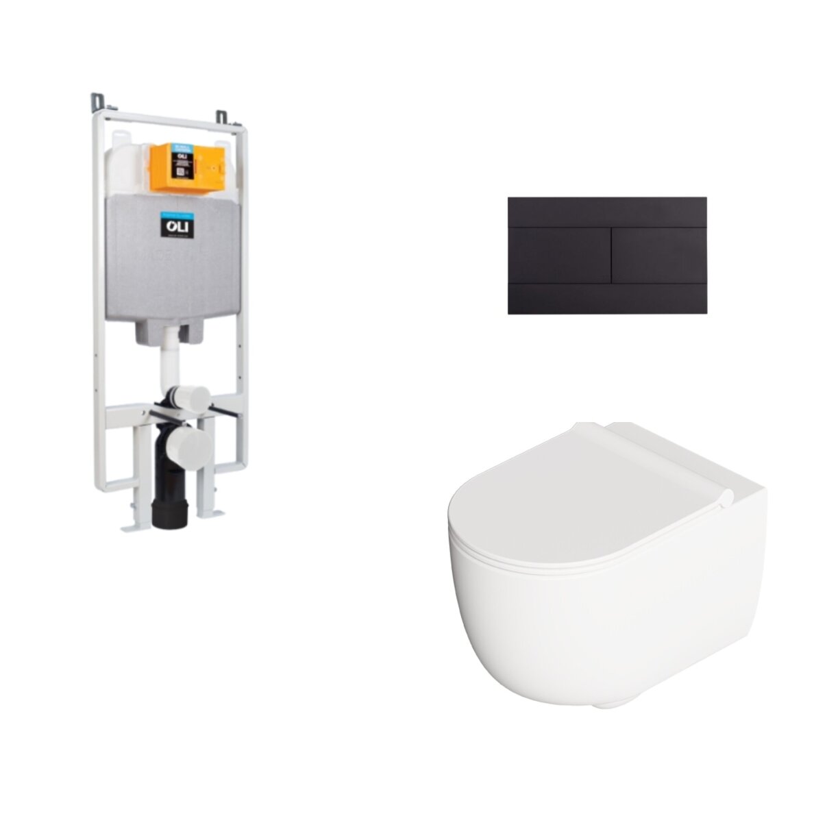 Pakabinamo WC komplektas Alice Ceramica Unica su Aliflush+, su Oli siauru potinkiniu rėmu ir juodos matinės spalvos mygtuku Pakabinamo WC komplektas Alice Ceramica Unica su Aliflush+, su Oli siauru potinkiniu rėmu ir juodos matinės spalvos mygtuku