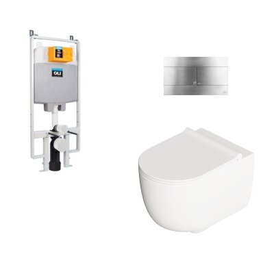 Pakabinamo WC komplektas Alice Ceramica Unica su Aliflush+, su Oli siauru potinkiniu rėmu ir nerūdijančio plieno spalvos mygtuku Pakabinamo WC komplektas Alice Ceramica Unica su Aliflush+, su Oli siauru potinkiniu rėmu ir nerūdijančio plieno spalvos mygtuku