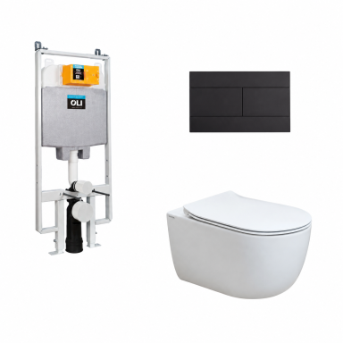 Pakabinamo WC komplektas Hatria FUTURA Rimless PURE VORTEX, su Oli siauru potinkiniu rėmu ir juodos matinės spalvos mygtuku Pakabinamo WC komplektas Hatria FUTURA Rimless PURE VORTEX, su Oli siauru potinkiniu rėmu ir juodos matinės spalvos mygtuku