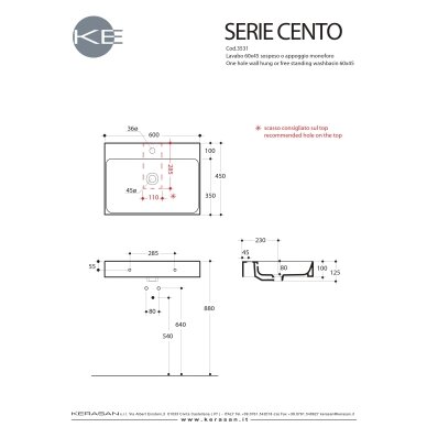Pakabinamas arba pastatomas praustuvas Kerasan Cento 60×45 cm 2