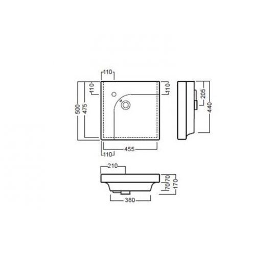 Pakabinamas Hatria Lavabo praustuvas G-50 right su 1 anga maišytuvui 500x500mm 3