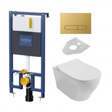 Potinkinis pakabinamo WC komplekto rėmas ISVEA DUREZZA su aukso spalvos klavišu ir klozetu Iseva Soluzione II Rimless su lėtaeigiu dangčiu