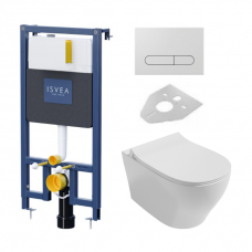 Potinkinis WC komplektas rėmas ISVEA DUREZZA baltos spalvos klavišu ir klozetas Iseva Soluzione II Rimless su lėtaeigiu dangčiu