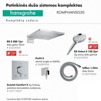 Potinkinės dušo sistemos komplektas HANSGROHE "5 in 1", RD E 300, RD Select S 120, stačiakampės formos, spalva - chromo