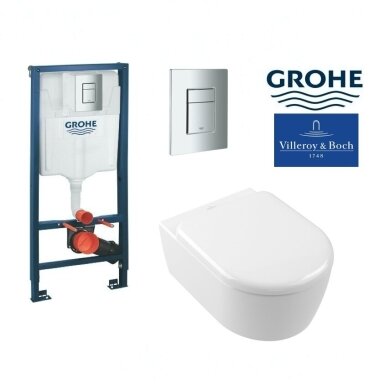 Potinkinio WC rėmo Grohe SOLIDO 3-IN-1 ir Villeroy & Boch Skyla TwistFlush pakabinamo klozeto su lėtai užsidarančiu dangčiu ir CeramicPlus danga komplektas Potinkinio WC rėmo Grohe SOLIDO 3-IN-1 ir Villeroy & Boch Skyla TwistFlush pakabinamo klozeto su lėtai užsidarančiu dangčiu ir CeramicPlus danga komplektas