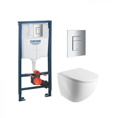 Potinkinio WC rėmo Grohe SOLIDO 3-IN-1 ir pakabinamo klozeto su plonu lėtaeigiu dangčiu Omnires Ottawa su Silent Power technologija komplektas Potinkinio WC rėmo Grohe SOLIDO 3-IN-1 ir pakabinamo klozeto su plonu lėtaeigiu dangčiu Omnires Ottawa su Silent Power technologija komplektas