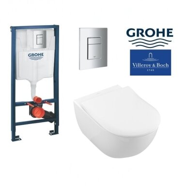 Potinkinio WC rėmo Grohe SOLIDO 3-IN-1 ir Villeroy & Boch Subway 2.0 pakabinamo Direct Flush WC su SlimSeat dangčiu komplektas Potinkinio WC rėmo Grohe SOLIDO 3-IN-1 ir Villeroy & Boch Subway 2.0 pakabinamo Direct Flush WC su SlimSeat dangčiu komplektas