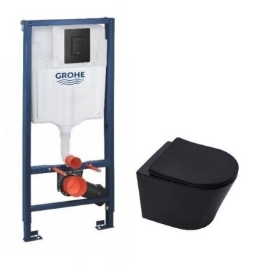 Potinkinis Grohe 3 in 1 rėmas su juodu mygtuku ir juodu matiniu klozetu SAT INFINITIO Compact Rimless