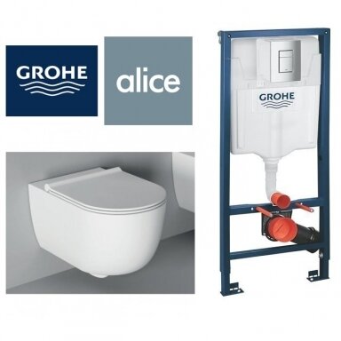 Potinkinis rėmas Grohe ir Alice Unica klozetas su Aliflush+ 47 cm komplektas Potinkinis rėmas Grohe ir Alice Unica klozetas su Aliflush+ 47 cm komplektas