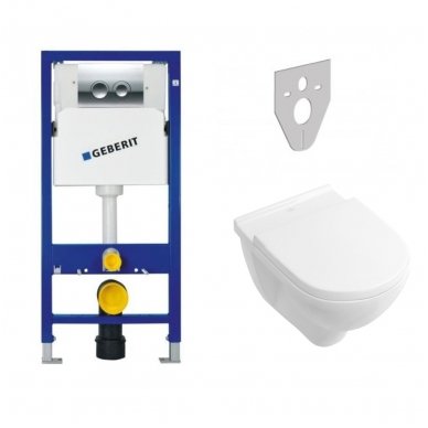 Potinkinio rėmo Geberit su chromuotu mygtuku ir Villeroy & Boch O.Novo Direct-flush WC komplektas