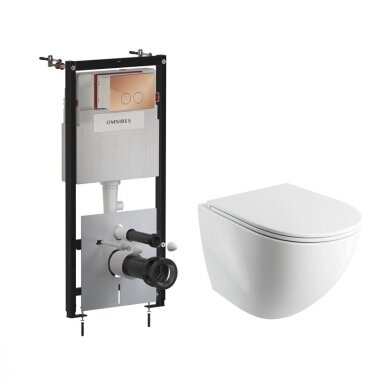 Potinkinio rėmo Omnires STRONGFRAME ECO su blizgaus vario spalvos mygtuku ir pakabinamo klozeto Ottawa Comfort (Silent Power) 54 x 37 cm komplektas