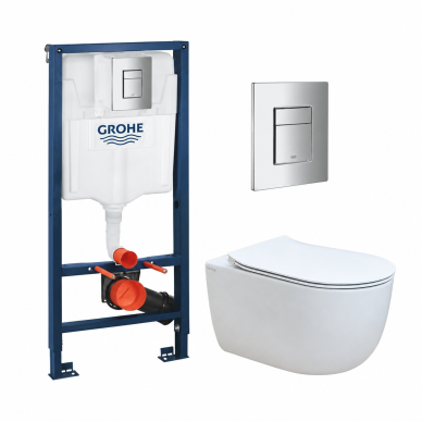Potinkinio WC rėmo Grohe SOLIDO 3-IN-1 ir pakabinamo unitazo Hatria FUTURA Rimless PURE VORTEX su soft close dangčiu komplektas